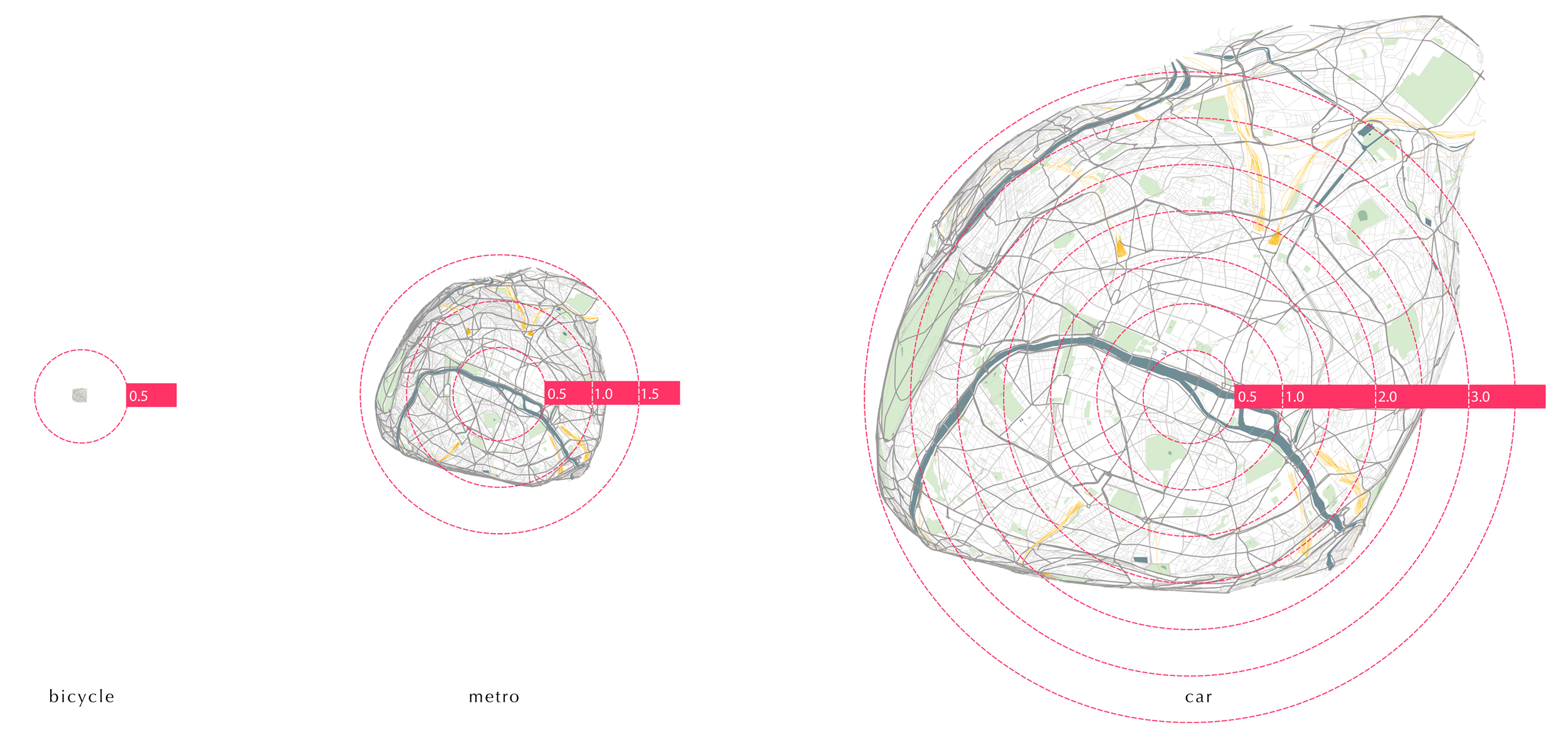 Isogreenic Map Of Paris, 3 Transportations Comparison