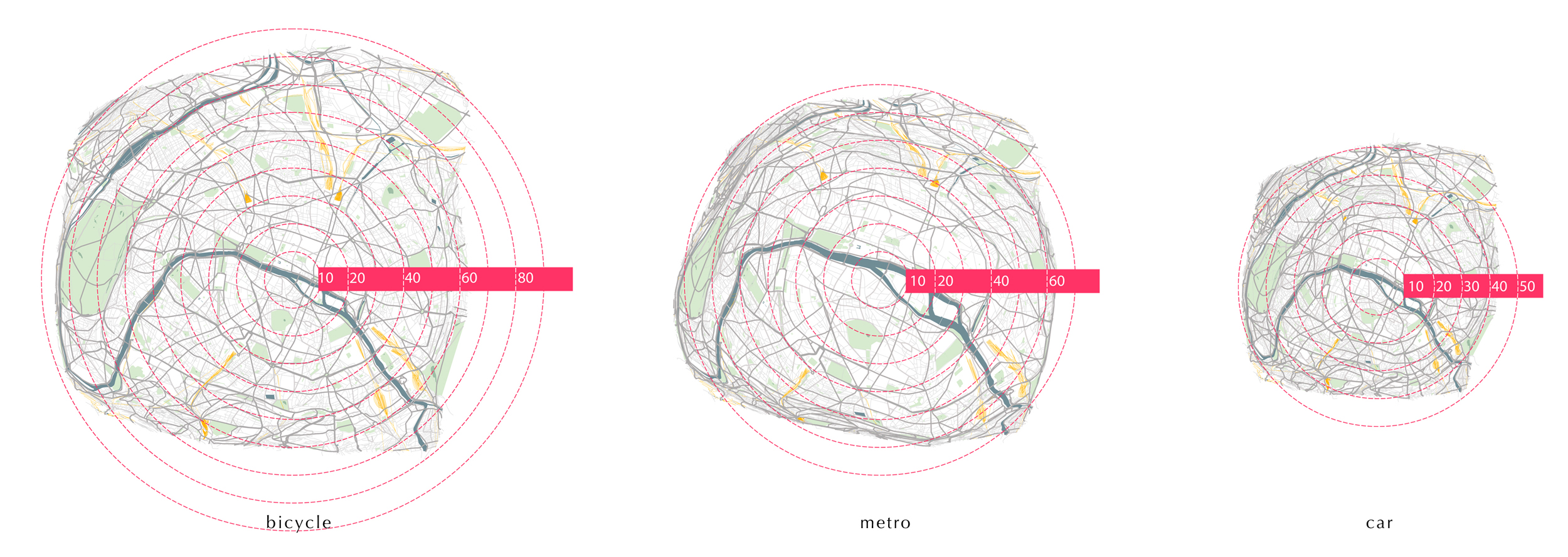 Isochronic Map Of Paris, 3 Transportations Comparison